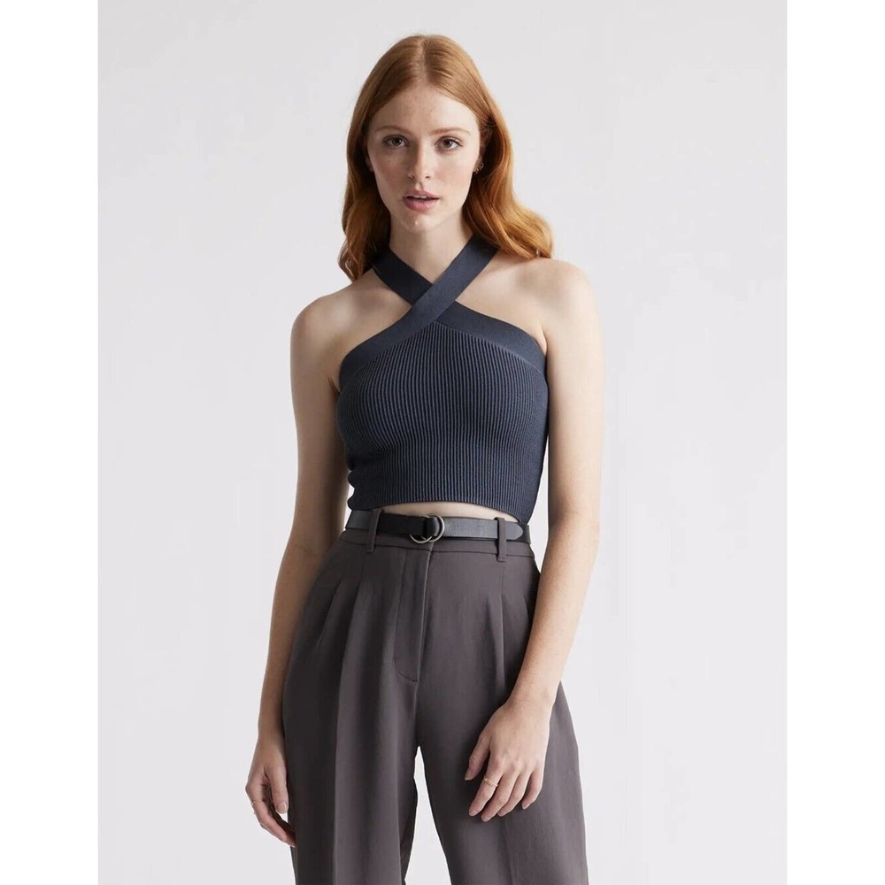 Quince Cropped Halter Ribbed Knit Tank XS Gray